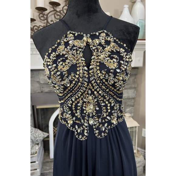 Vtg Y2K Blondie Nites Prom Dress Sz 3 Navy Blue Maxi Rhinestones Sequins Regency - Picture 2 of 8